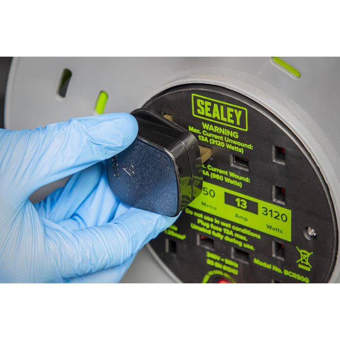 Sealey 50m Cable Reel with Thermal Trip 4 x 230V - Hi-Vis Green BCR50G Sealey - Town Tools 