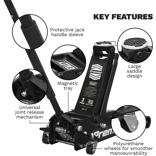 Sealey Trolley Jack 3 Tonne Rocket Lift Black 3040AB Sealey - Town Tools 