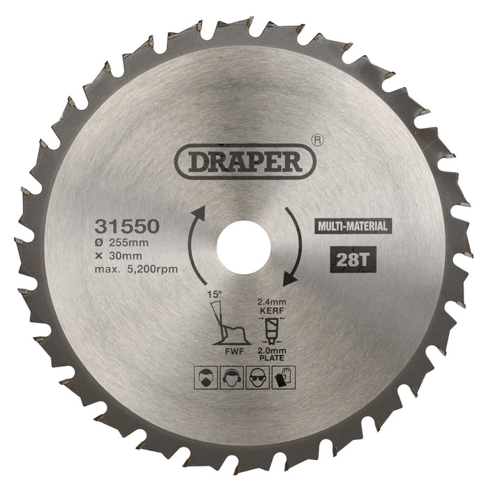 Draper TCT Multi-Purpose Circular Saw Blade, 255 x 30mm, 28T - SBM8