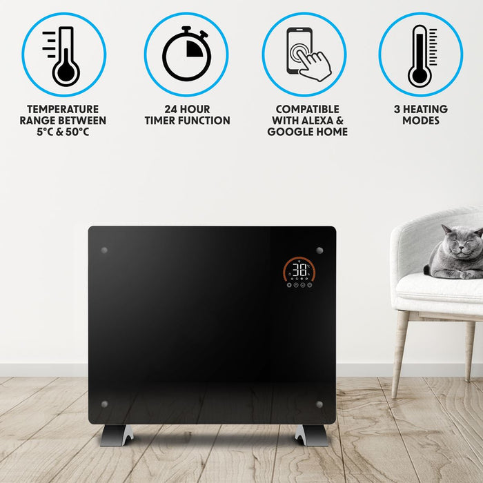 Baridi 1500W Electric Glass Panel Heater with 24/7 Timer, Remote Control & Wi-Fi - Black