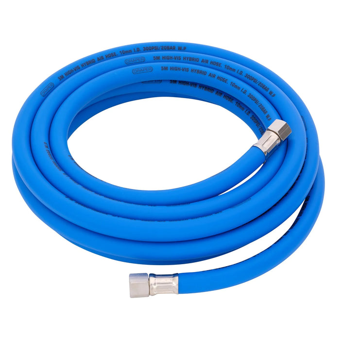 Draper High Visibility Hybrid Air Hose, 5m x , 1/4" BSP, Blue 8-10mm