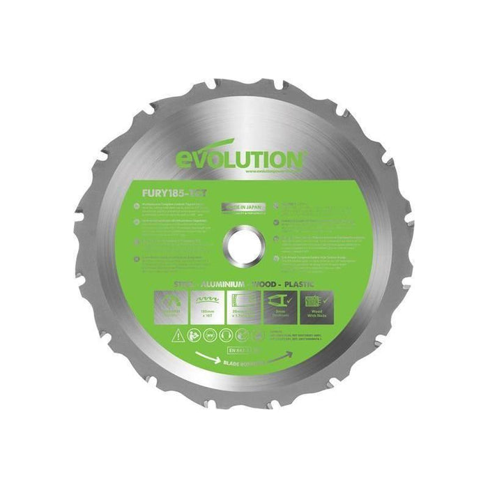 Evolution FURY® Multi-Purpose TCT Circular Saw Blade 185 x 20mm x 16T Evolution - Town Tools