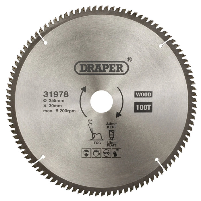 Draper TCT Triple Chip Grind Circular Saw Blade, 255 x 30mm, 100T - SBTCG2