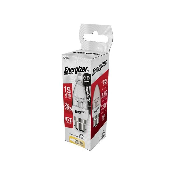 Energizer® LED BC (B22) Clear Candle Dimmable Bulb, Warm White 470 lm 5.9W Energizer® - Town Tools