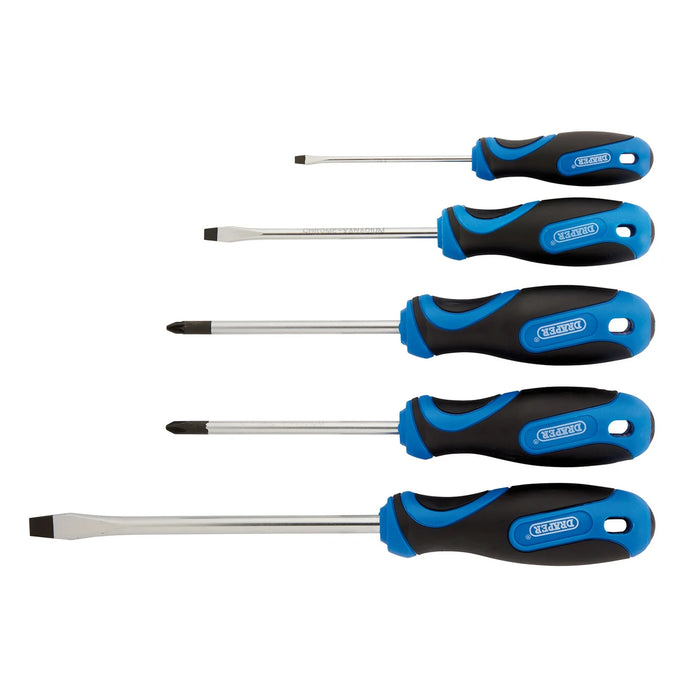 Draper Soft Grip Screwdriver Set, 3 x Plain Slot, 1 x Cross Slot, 1 x PZ TYPE (5