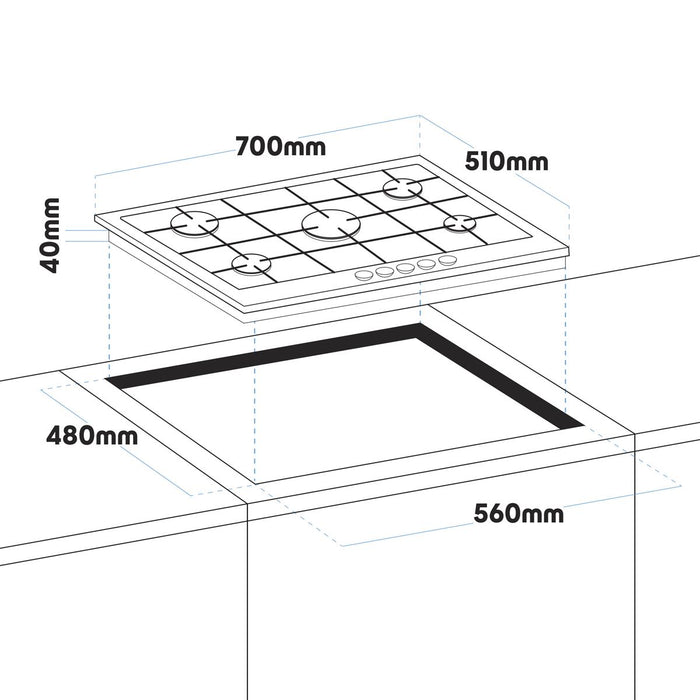 Baridi Gas Hob with 5 Cooking Zones 70cm - Black DH228