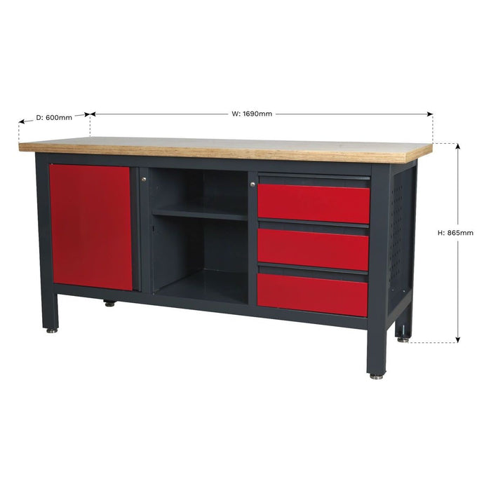 Sealey Workstation with 3 Drawers 1 Cupboard & Open Storage AP1905B Sealey - Town Tools 