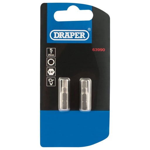 Draper Hexagonal Insert Bit, 5mm, 1/4" Hex, 25mm Long (Pack of 2) 63990 Draper - Town Tools 