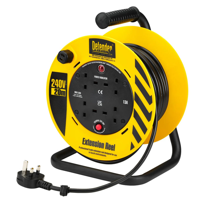 Defender E86465 230V 4-Way Light Industrial Cable Extension Reel, 20m - E86465