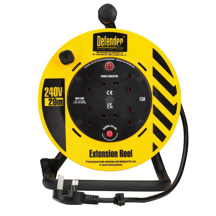 Defender E86465 230V 4-Way Light Industrial Cable Extension Reel, 20m - E86465