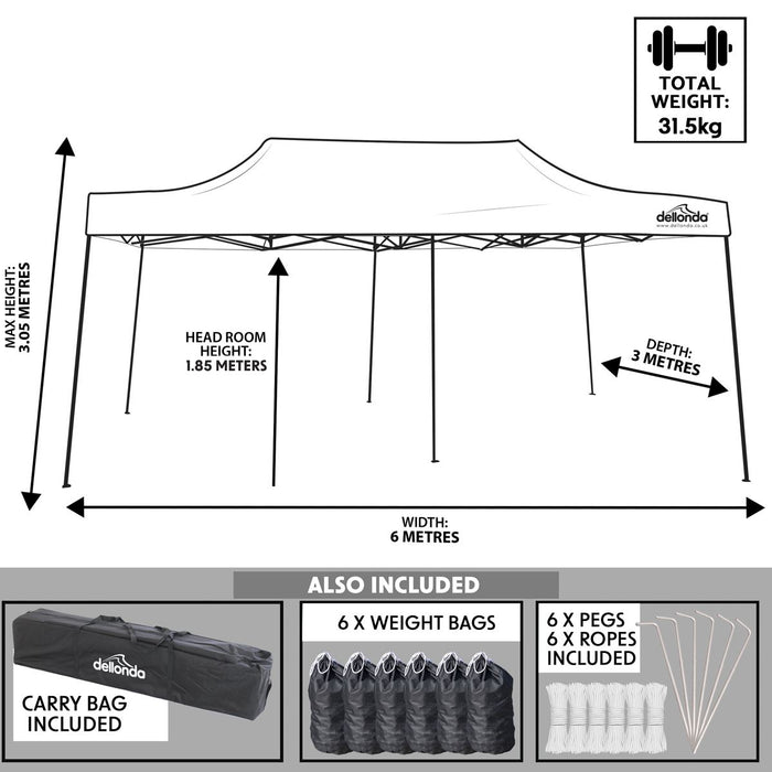 Dellonda 3x6m Pop-Up Gazebo Heavy Duty  Carry Bag Rope Stakes & Weight Beige