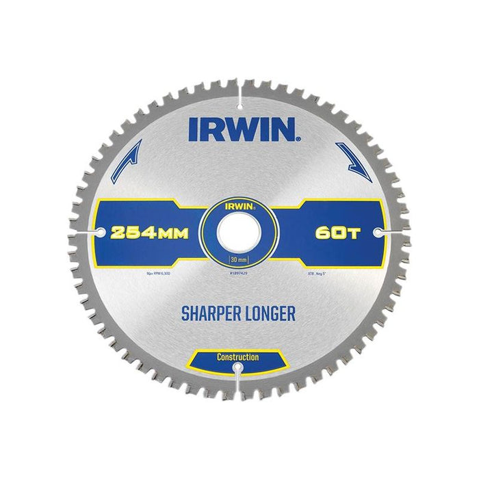 Irwin® Construction Mitre Circular Saw Blade 254 x 30mm x 60T ATB/Neg IRWIN® - Town Tools