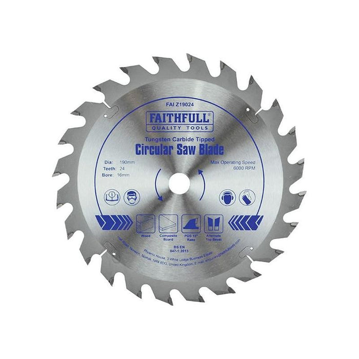 Faithfull TCT Circular Saw Blade 190 x 16mm x 24T POS Faithfull - Town Tools