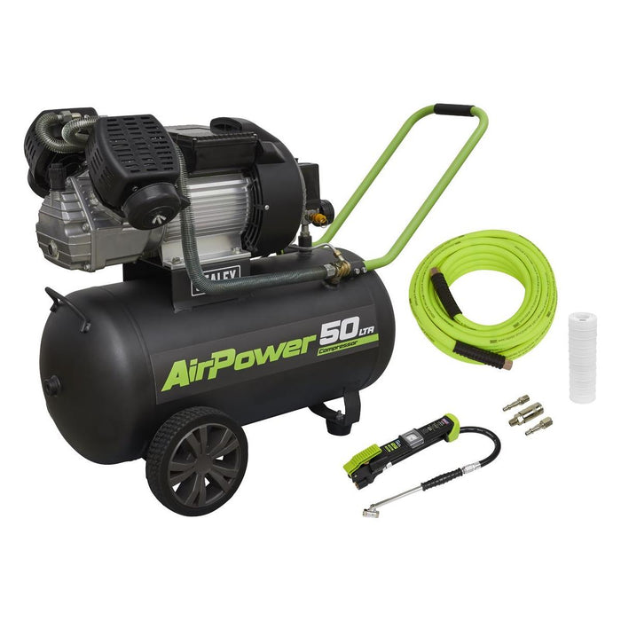 Sealey 50L V-Twin Direct Drive Air Compressor 3hp with Air Accessory Kit Sealey - Town Tools 