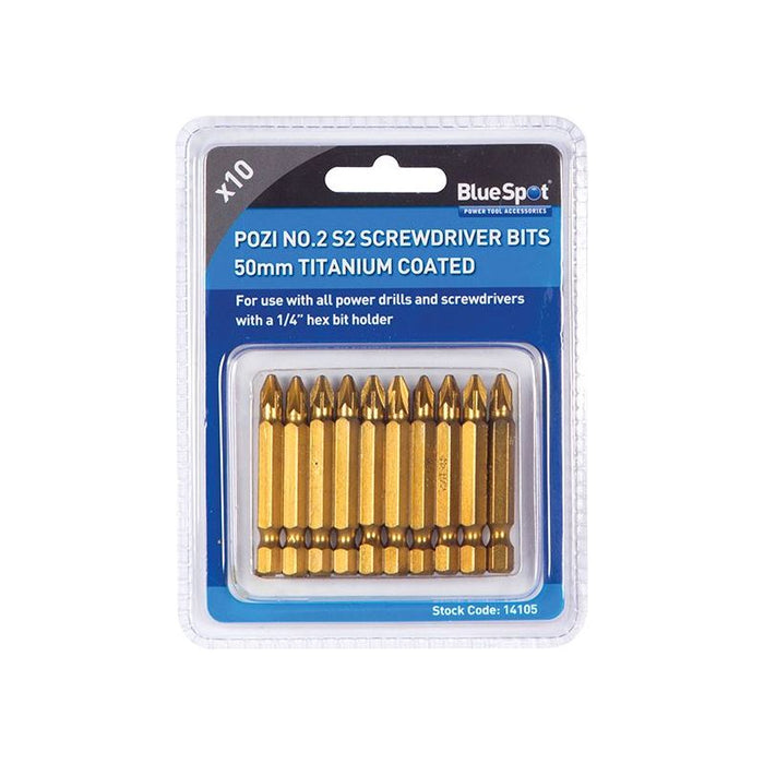 Bluespot Tools Titanium Coated Screwdriver Bits PZ2 x 50mm (Pack 10) BlueSpot Tools - Town Tools