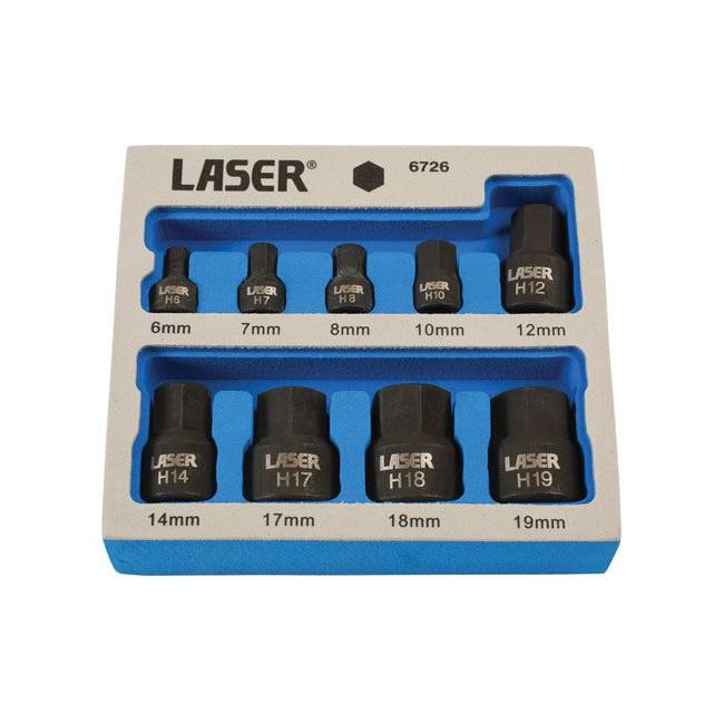 Laser Low Profile Impact Hex Socket Bit Set 1/4"D, 3/8"D 9pc 6726