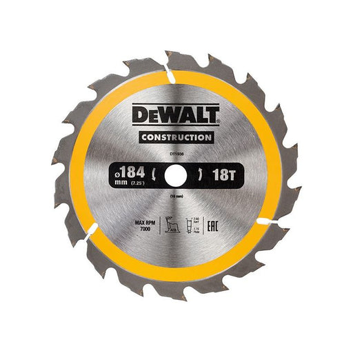 Dewalt Power Tools Portable Construction Circular Saw Blade 184 x 16mm x 18T DeWALT Power Tools - Town Tools