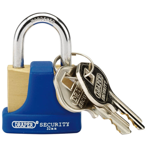 Draper Solid Brass Padlock and 2 Keys with Hardened Steel Shackle and Bumper, 32 Draper - Town Tools 