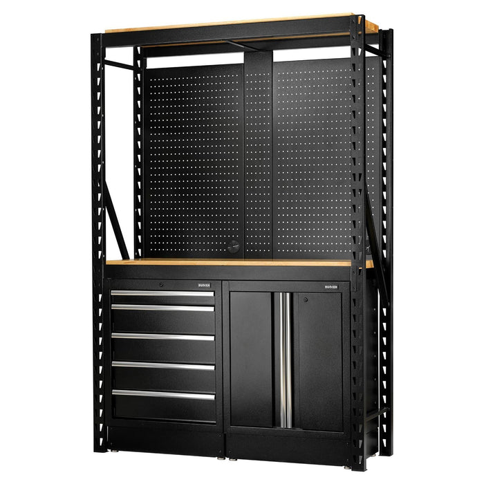 Bunker 15 Piece Modular Storage Combo 2 Tier Racking with Hardwood Shelving, Pegboards and Floor Cabinets, 1500mm Draper - Town Tools