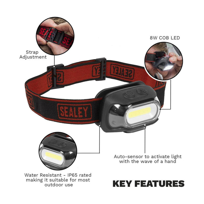 Sealey Rechargeable Head Torch with Auto-Sensor 8W COB LED HT08R Sealey - Town Tools 