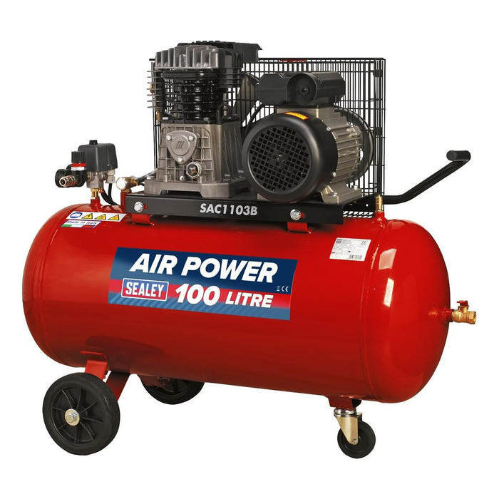 Sealey Air Compressor 100L Belt Drive 3hp with Cast Cylinders & Wheels SAC1103B Sealey - Town Tools 