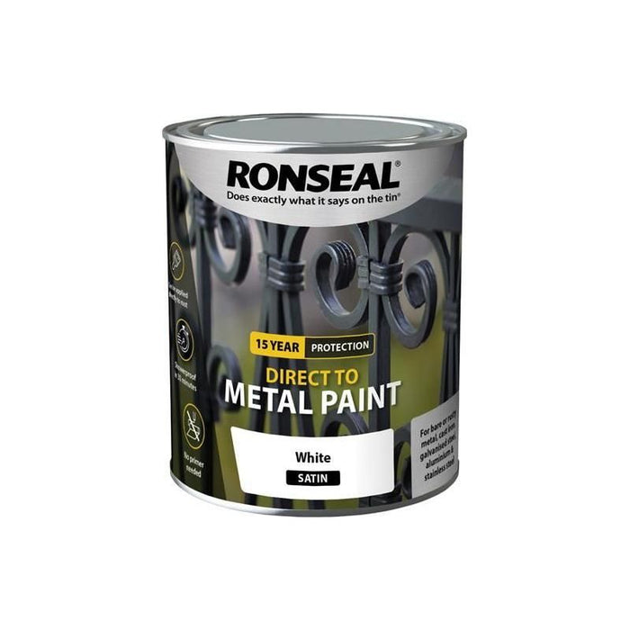Ronseal Direct to Metal Paint White Satin 750ml Ronseal - Town Tools