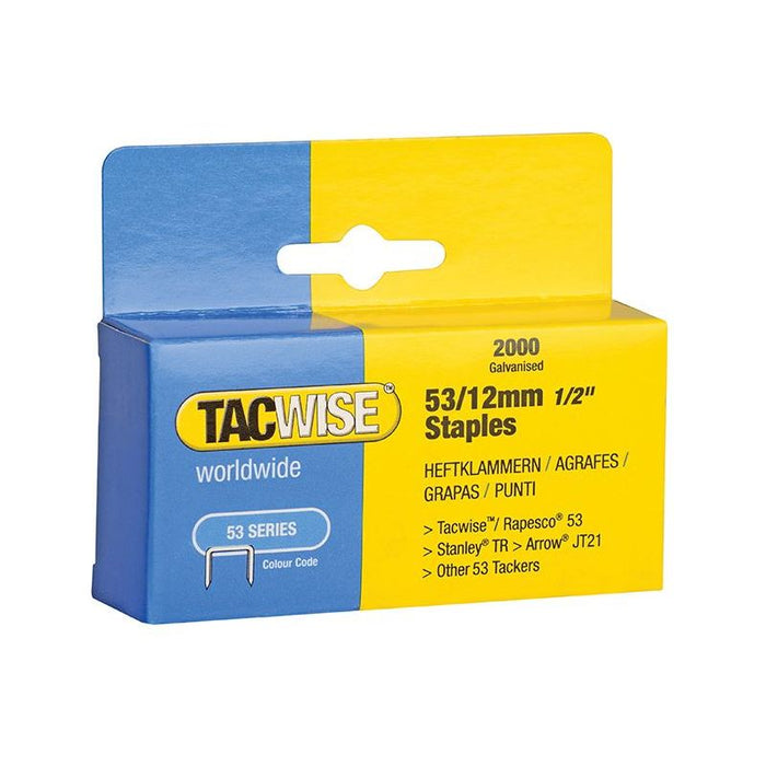 Tacwise 53 Light-Duty Staples 12mm (Type JT21 A) (Pack 2000) Tacwise - Town Tools