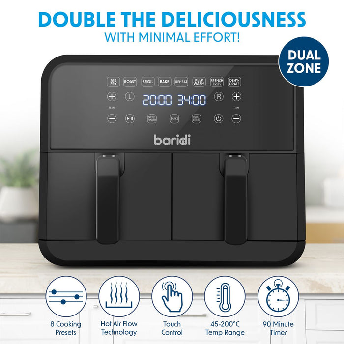 Baridi 8L Dual Zone Air Fryer with 8 Preset Functions