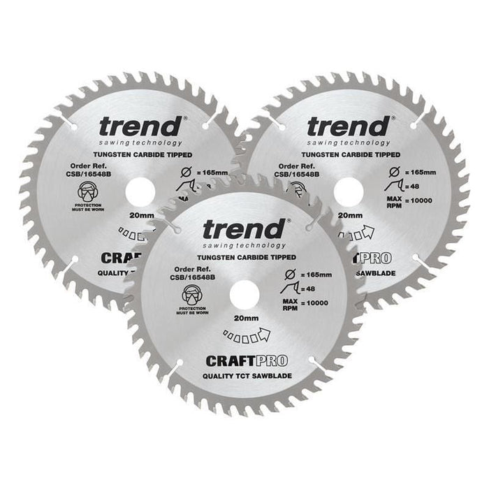 Trend CraftPro Plunge Saw Blade 165 x 20mm x 48T (Pack 3) Trend - Town Tools