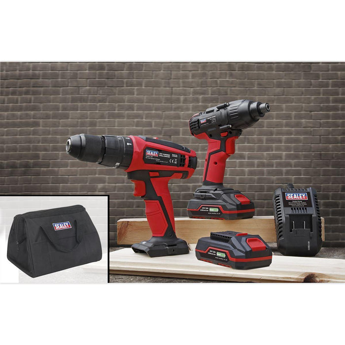 Sealey 20V SV20 Series Cordless13mm Hammer Drill/1/4"Hex Drive Impact Driver Com Sealey - Town Tools 