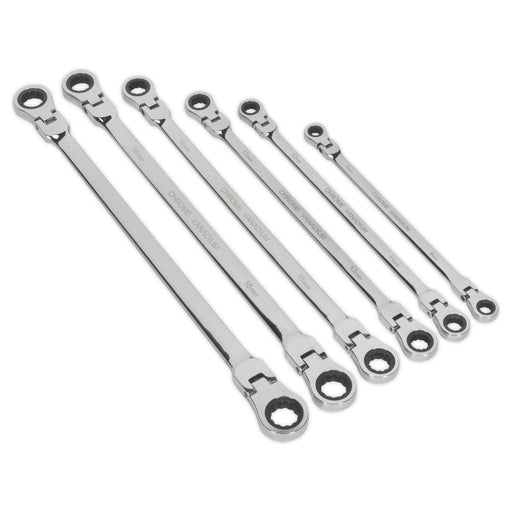 Sealey Flexi-Head Double End Ratchet Ring Spanner Set 6pc Extra-Long Metric Sealey - Town Tools 