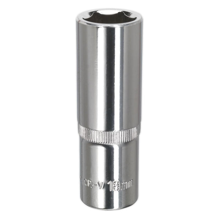 Sealey WallDrive Socket 18mm Deep 1/2"Sq Drive Fully Polished SP1218D Sealey - Town Tools 