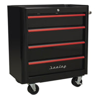 Sealey Rollcab 4 Drawer Retro Style- Black with Red Anodised Drawer Pulls