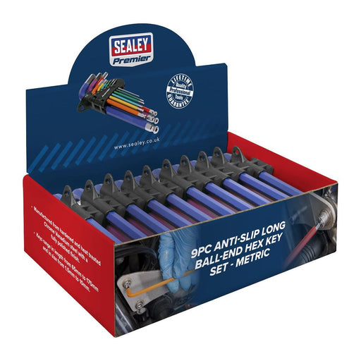 Premier Long Colour-Coded Ball-End Hex Key Set 9pc - Display Box of 10 Sealey Premier - Town Tools 