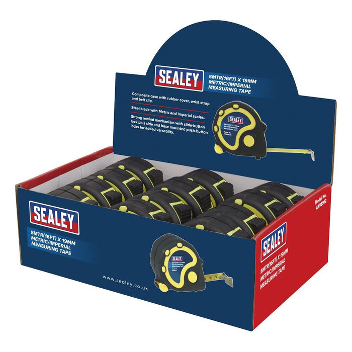 Sealey Rubber Tape Measure 5m(16ft) x 19mm Metric/Imperial Display Box of 12 Sealey - Town Tools 