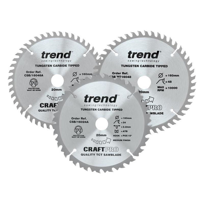 Trend CraftPro Plunge Saw Blade 160 x 20mm x 24T/48T (Pack 3) Trend - Town Tools