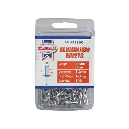 Faithfull Aluminium Rivets 3.2 x 6mm Short Pre-Pack of 100 Faithfull - Town Tools