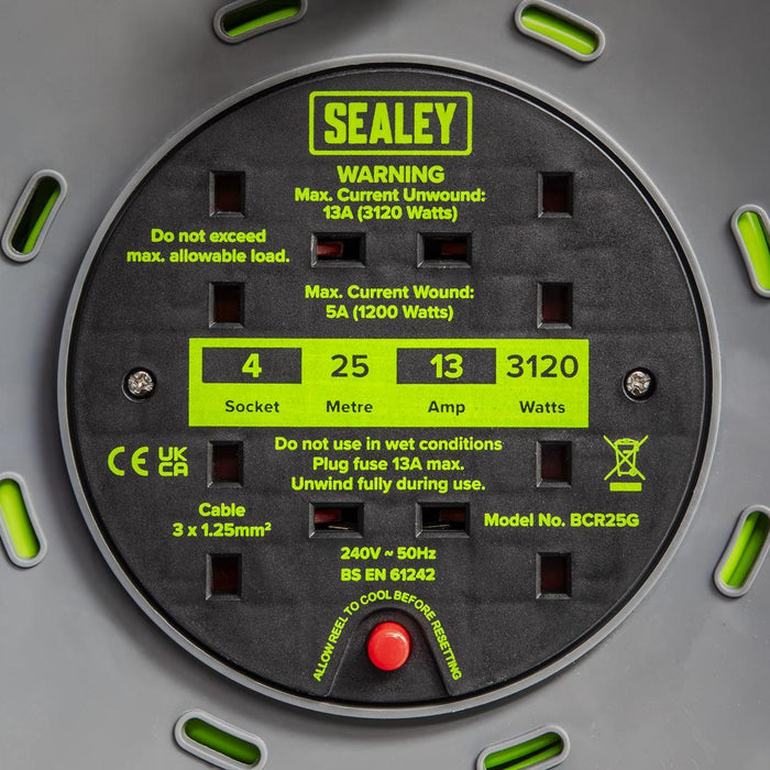 Sealey 25m Cable Reel with Thermal Trip 4 x 230V - Hi-Vis Green BCR25G Sealey - Town Tools 