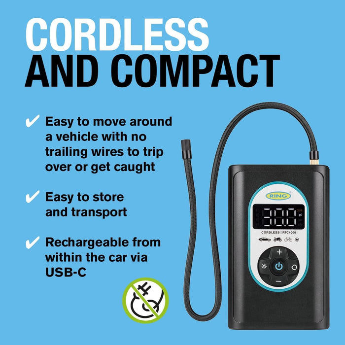 Ring Automotive RTC4000 cordless tyre inflator air compressor car pump. Recharge Ring Automotive - Town Tools 