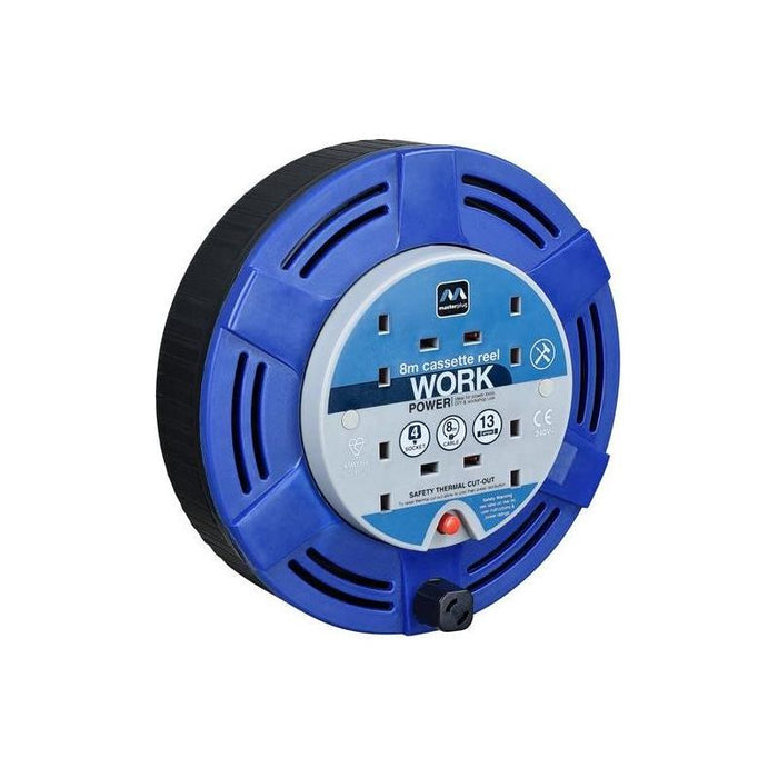 Masterplug Cassette Cable Reel 240V 13A 4-Socket Thermal Cut-Out Blue 8m Masterplug - Town Tools