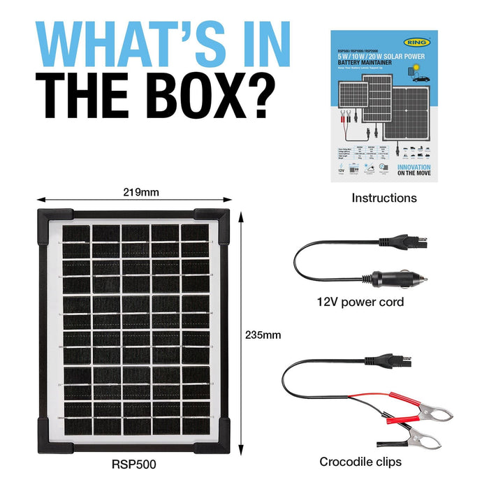 Ring Automotive RSP500 5W Solar Panel Battery Maintainer 18v Monocrystalline Cel Ring Automotive - Town Tools 