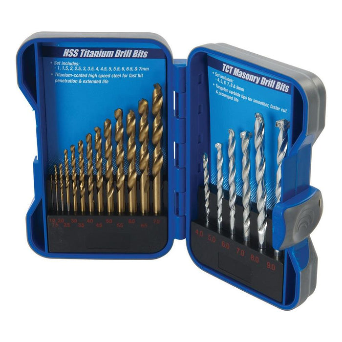 Silverline Titanium-Coated HSS & Masonry Drill Bit Set 19pce 1 - 9mm Silverline - Town Tools 