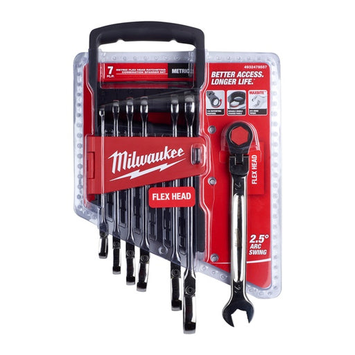 Milwaukee MAX BITE metric flexible head ratcheting combination spanner set Milwaukee - Town Tools 