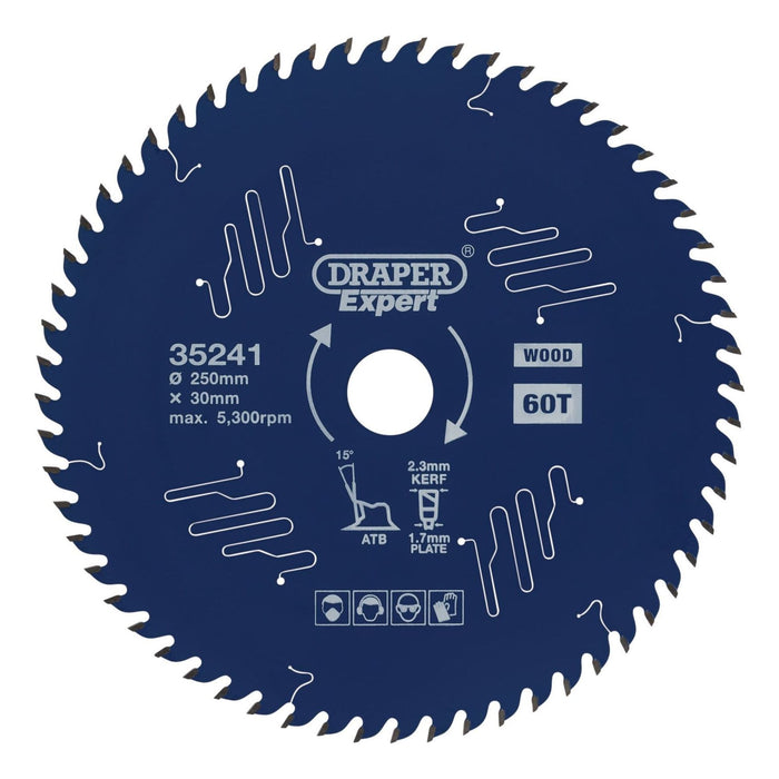 Draper Expert TCT Circular Saw Blade for Wood with PTFE Coating, 250 x 30mm, 60T Draper - Town Tools 