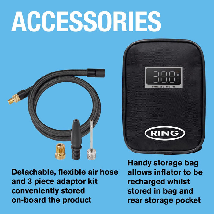 Ring Automotive RTC4000 cordless tyre inflator air compressor car pump. Recharge Ring Automotive - Town Tools 