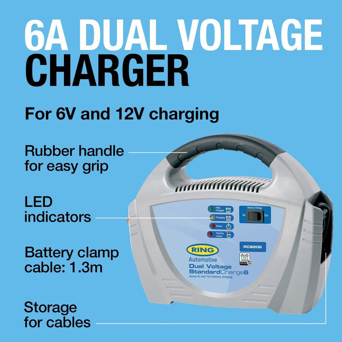 Ring Automotive - RCB206 6A Battery Charger, 6V and 12V Lead Acid Batteries, Veh Ring Automotive - Town Tools 