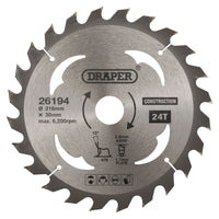 Draper TCT Construction Circular Saw Blade, 216 x 30mm, 24T 26194