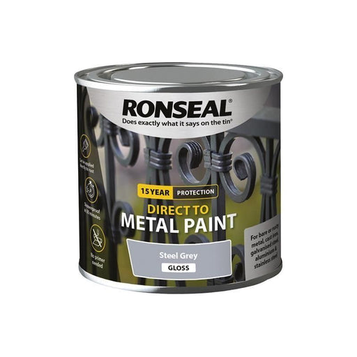 Ronseal Direct to Metal Paint Steel Grey Gloss 250ml Ronseal - Town Tools