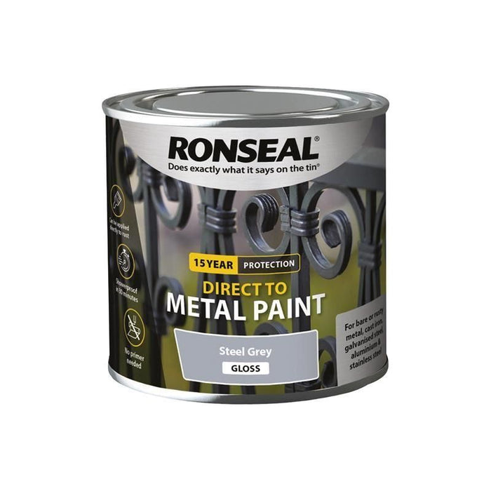 Ronseal Direct to Metal Paint Steel Grey Gloss 250ml Ronseal - Town Tools