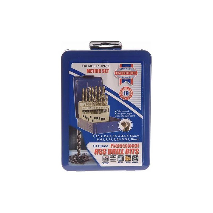 Faithfull HSS Drill Bit Set of 19 M2 1 - 10mm & Case Faithfull - Town Tools